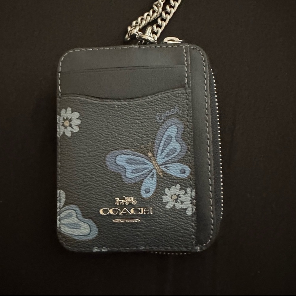 Coach Black Card Holder with Blue Butterfly and Floral Design